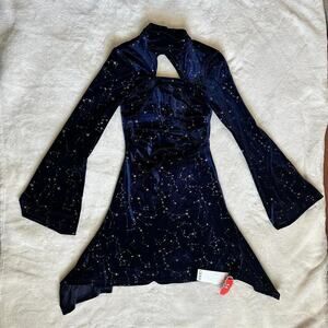 Cider NWT Navy Velvet Gold Star Printed Mini Dress